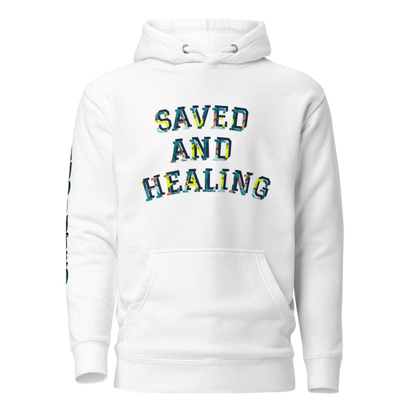 white unisex hoodie, print on front saved and healing