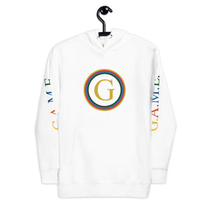 On hanger - White hoodie with G.A.M.E.® logo on chest and G.A.M.E.® letter logo on left and right sleeves 