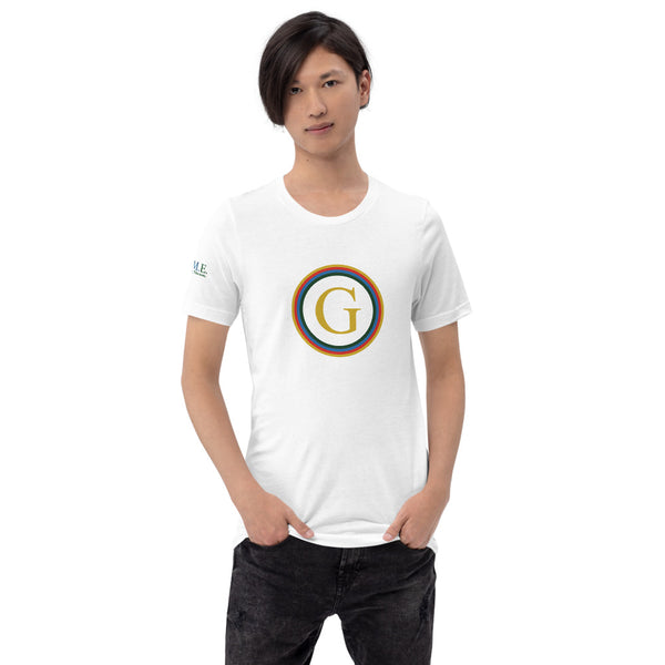 Male model - G.A.M.E.® white short sleeve- crew neck t-shirt with G.A.M.E.® logo on chest.