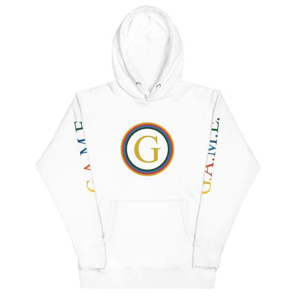 Without hanger - White hoodie with G.A.M.E.® logo on chest and G.A.M.E.® letter logo on left and right sleeves 