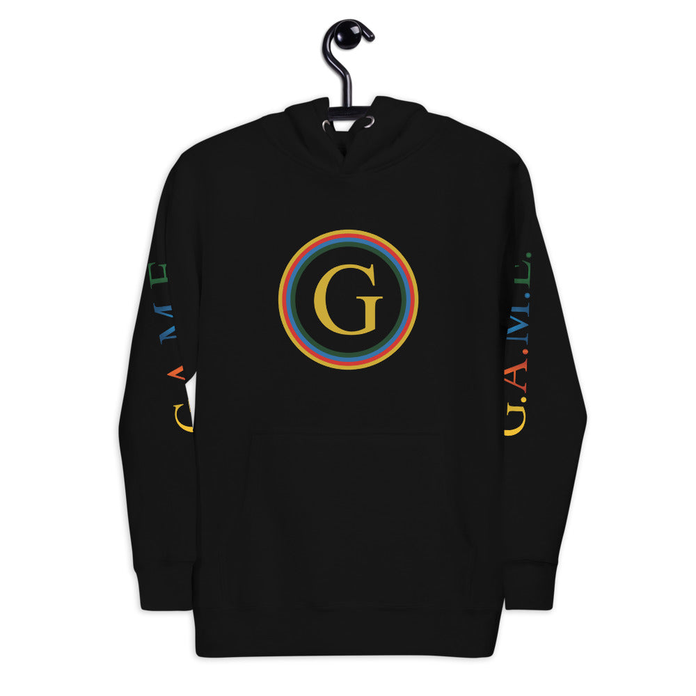 On hanger - Black hoodie with G.A.M.E.® logo on chest and G.A.M.E.® letter logo on left and right sleeves 