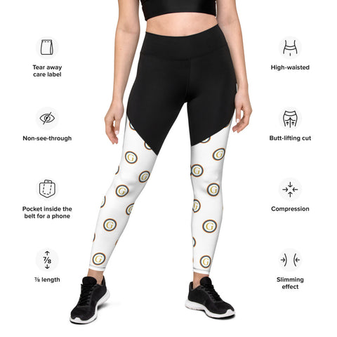 G.A.M.E.® Compression-sports-yoga-leggings - worn by model - with specs highlighted