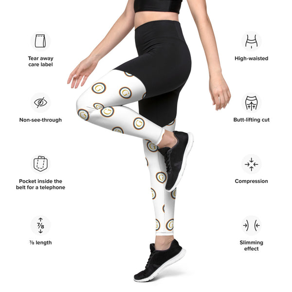 Front left leg extended up of G.A.M.E.® Compression-sports-yoga-leggings - worn by model - with specs highlighted