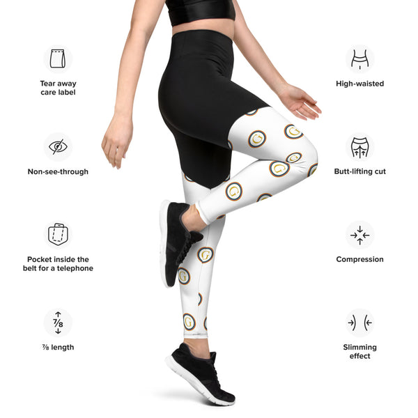 Front right leg extended up of G.A.M.E.® Compression-sports-yoga-leggings - worn by model - with specs highlighted