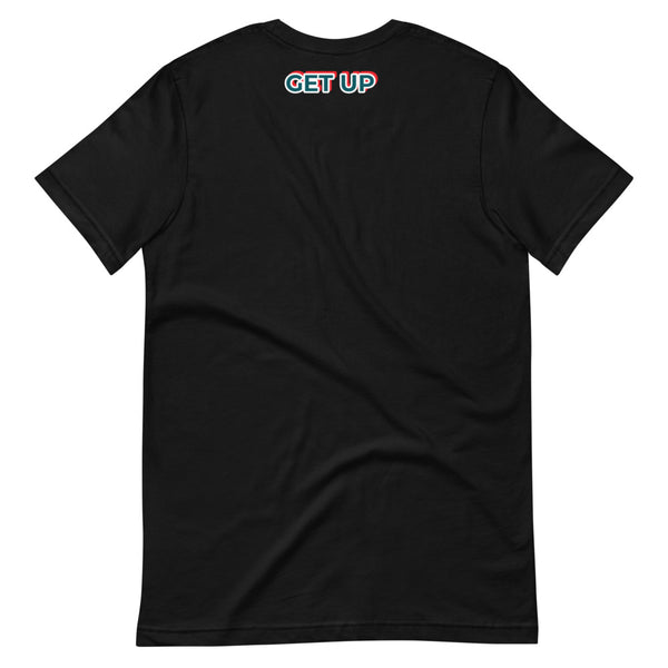 G.A.M.E.® motivational black crew neck  t-shirt - "GET UP"  - graphic design on back - upper part of t-shirt