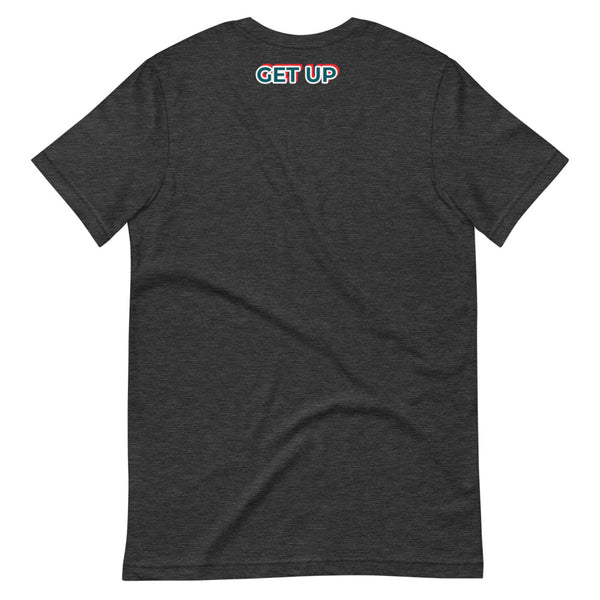 G.A.M.E.® motivational gray crew neck  t-shirt - "GET UP"  - graphic design on back - upper part of t-shirt