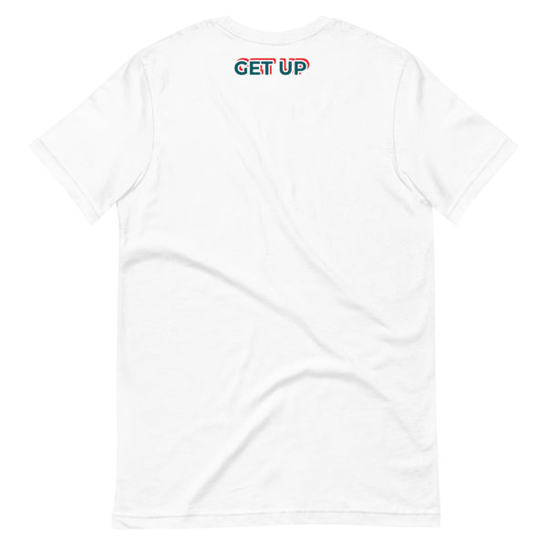 G.A.M.E.® motivational white crew neck  t-shirt - "GET UP"  - graphic design on back - upper part of t-shirt